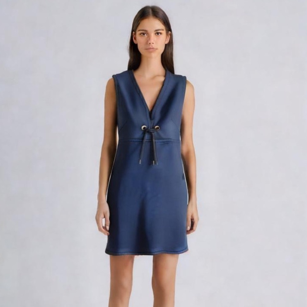 Sportmax by Max Mara Navy Neoprene Fit and Flare V Neck Dress Size S